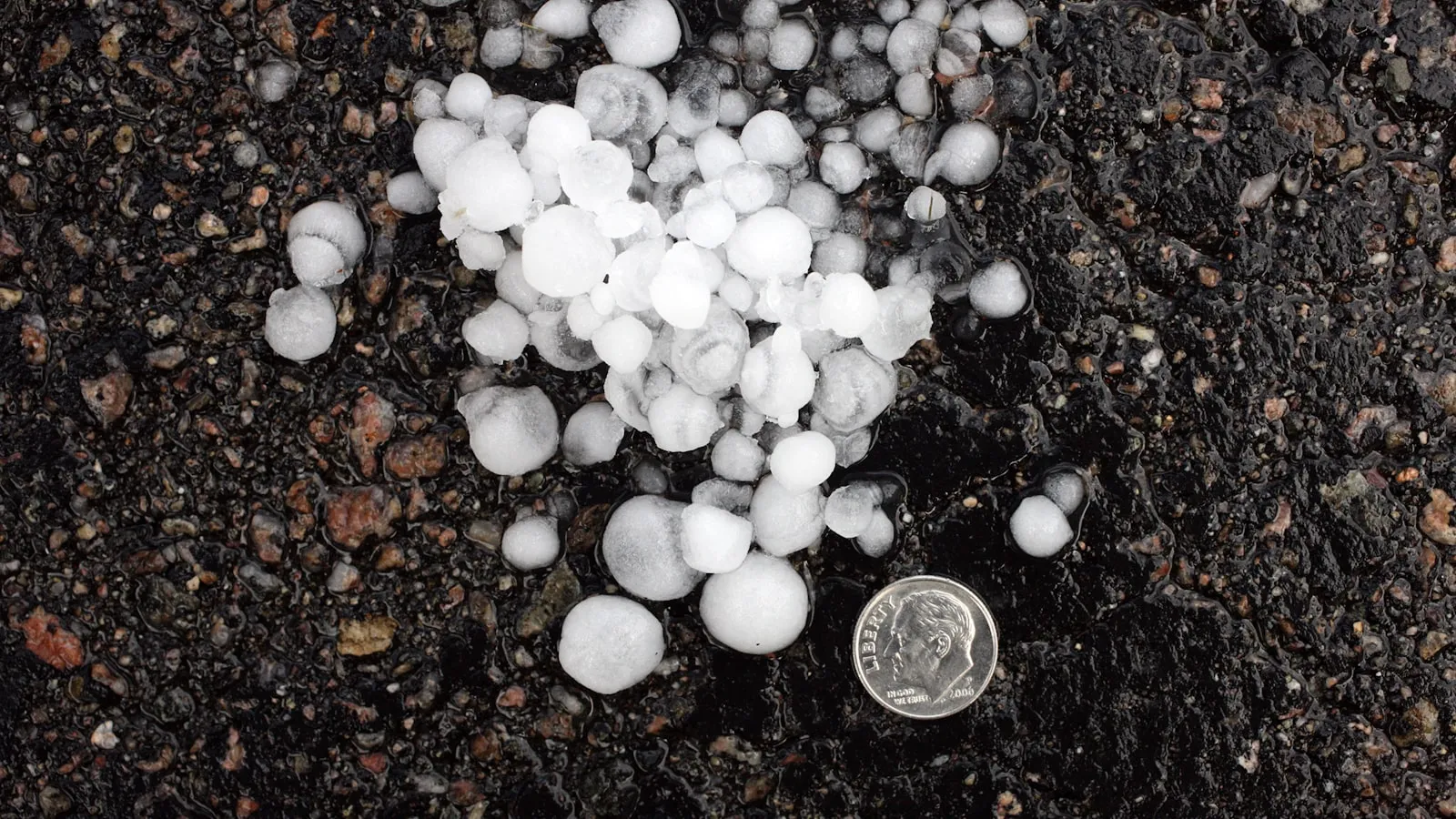 Hailstones on pavement next to a coin showing their size